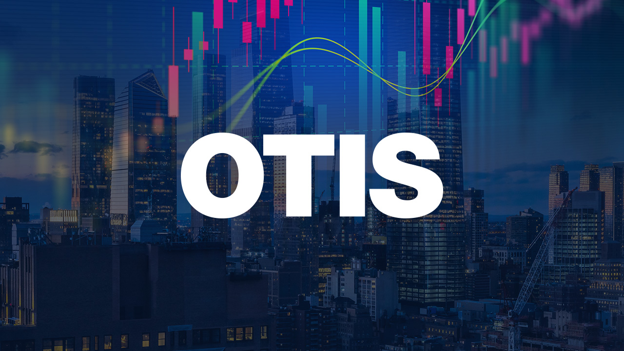 otis logo over cityscape and colorful bars