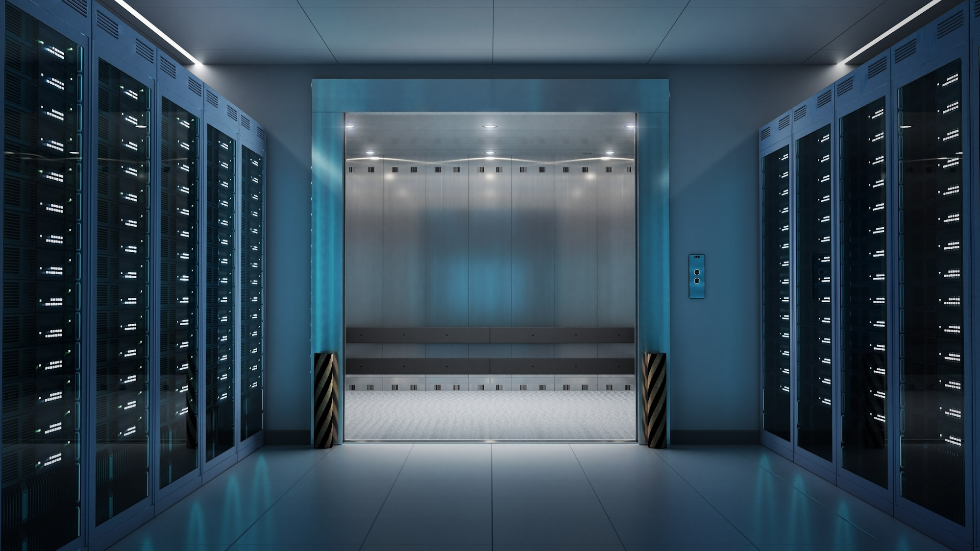 data center with elevator at the end of a corridor 